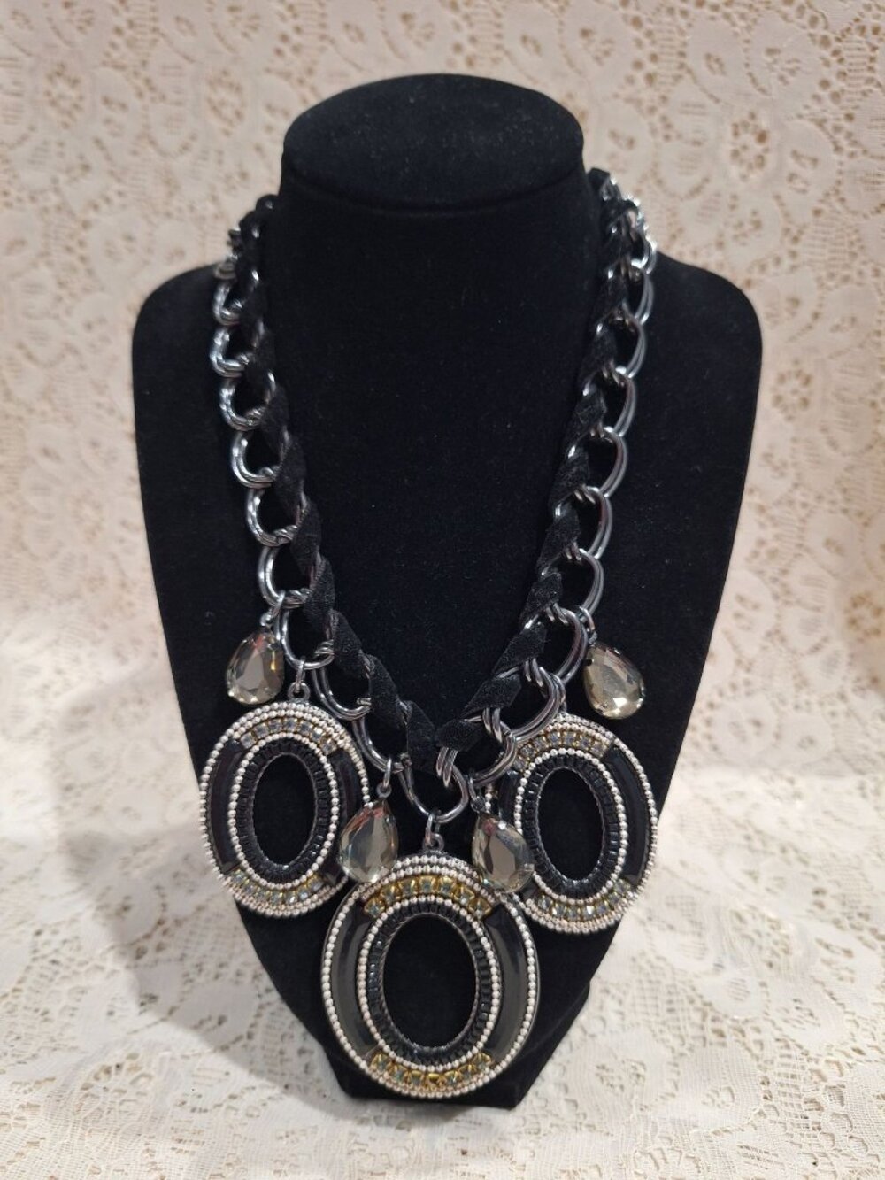 Vintage Multi-Tone Statement Necklace With Bold Chain & Large Metal Oval Pendant
